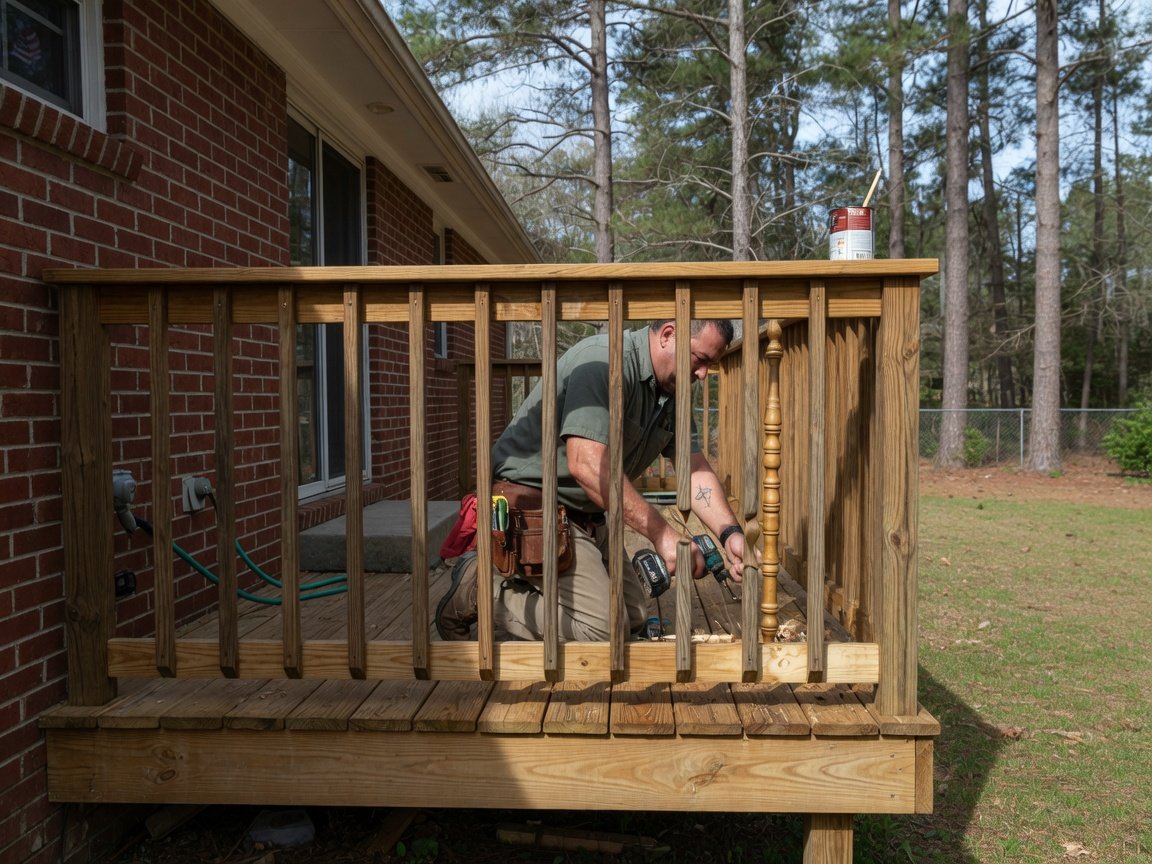 Handyman repairing a wooden deck