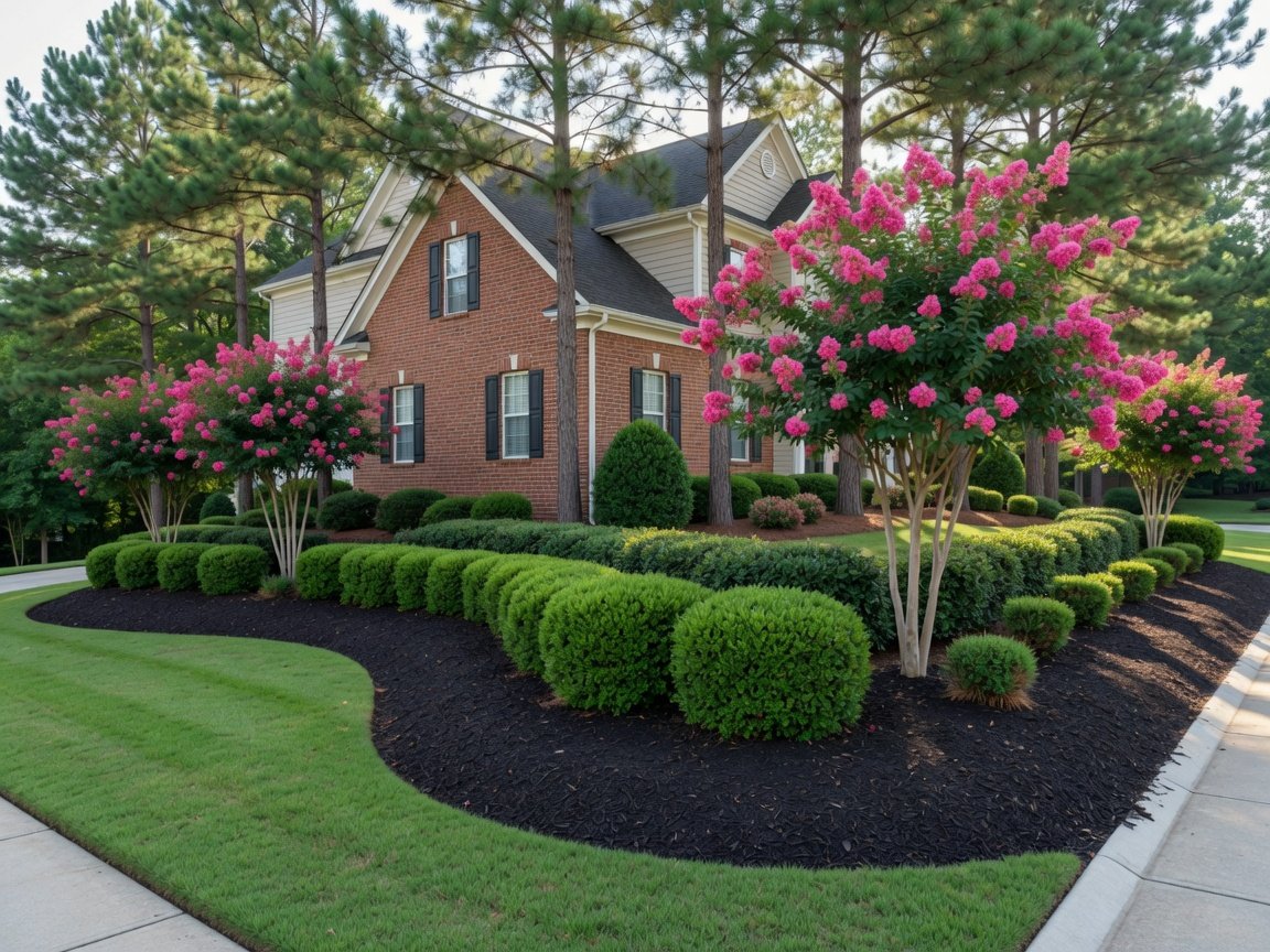 Mulched landscape beds and crape myrtles in Mooresville