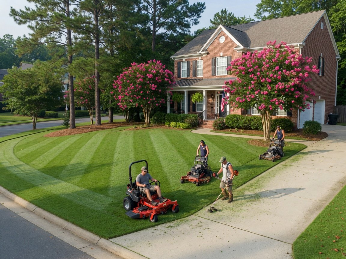 Lawn maintenance at a Charlotte-area brick home