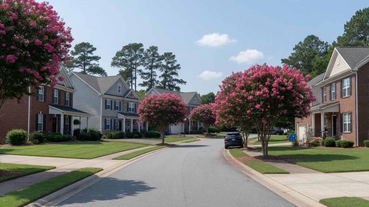 Tree-lined residential street in Huntersville, NC
