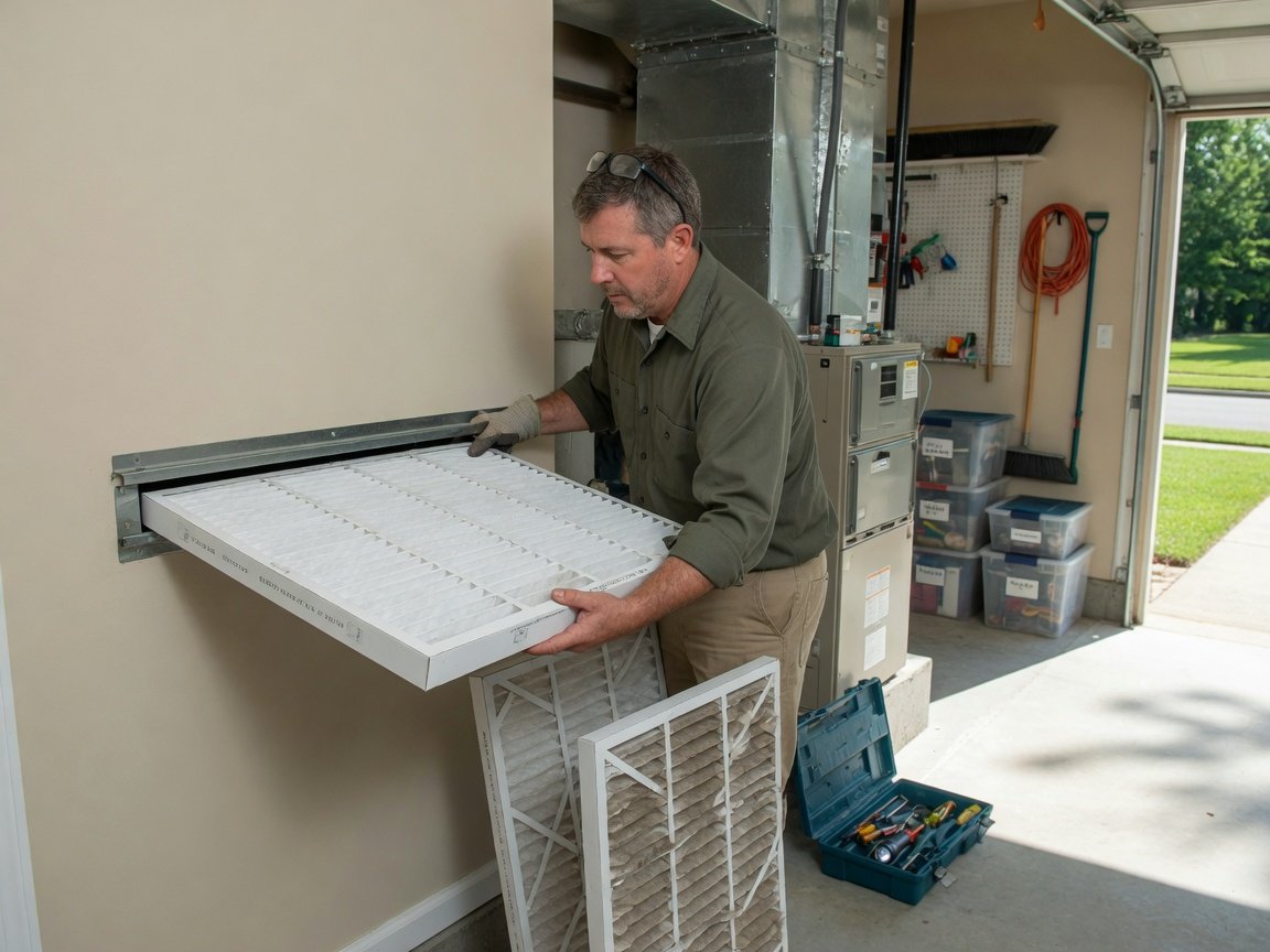 Technician replacing an HVAC air filter
