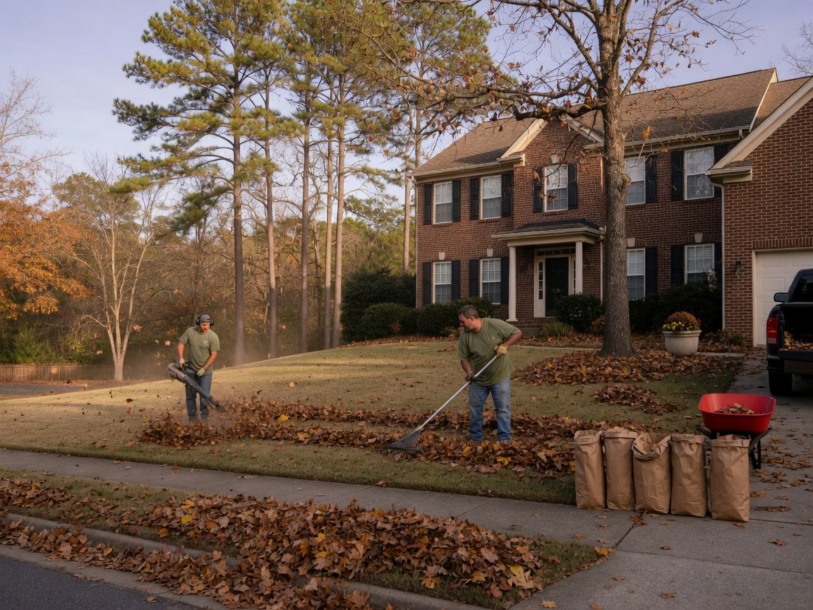 Fall leaf removal on a Charlotte-area lawn