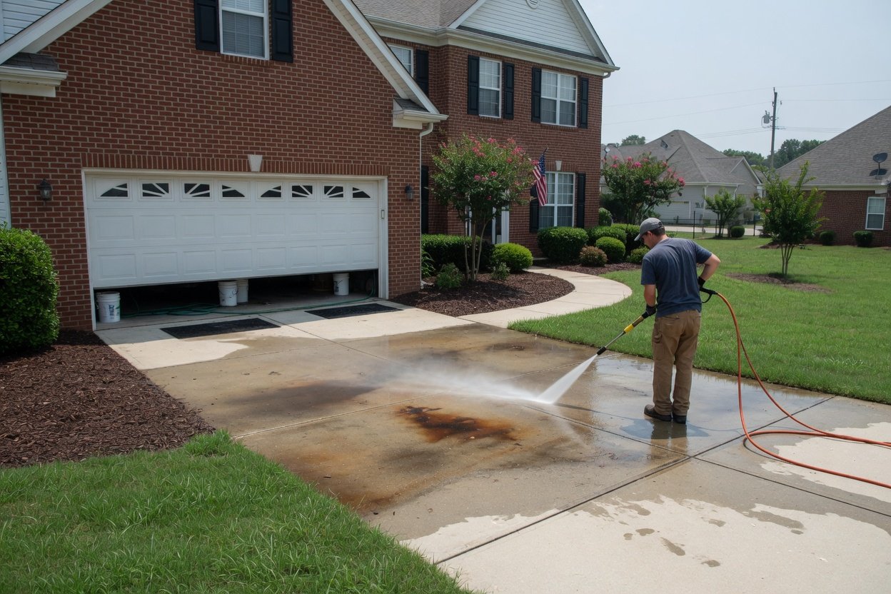 Pressure washing a concrete driveway at a Charlotte-area home